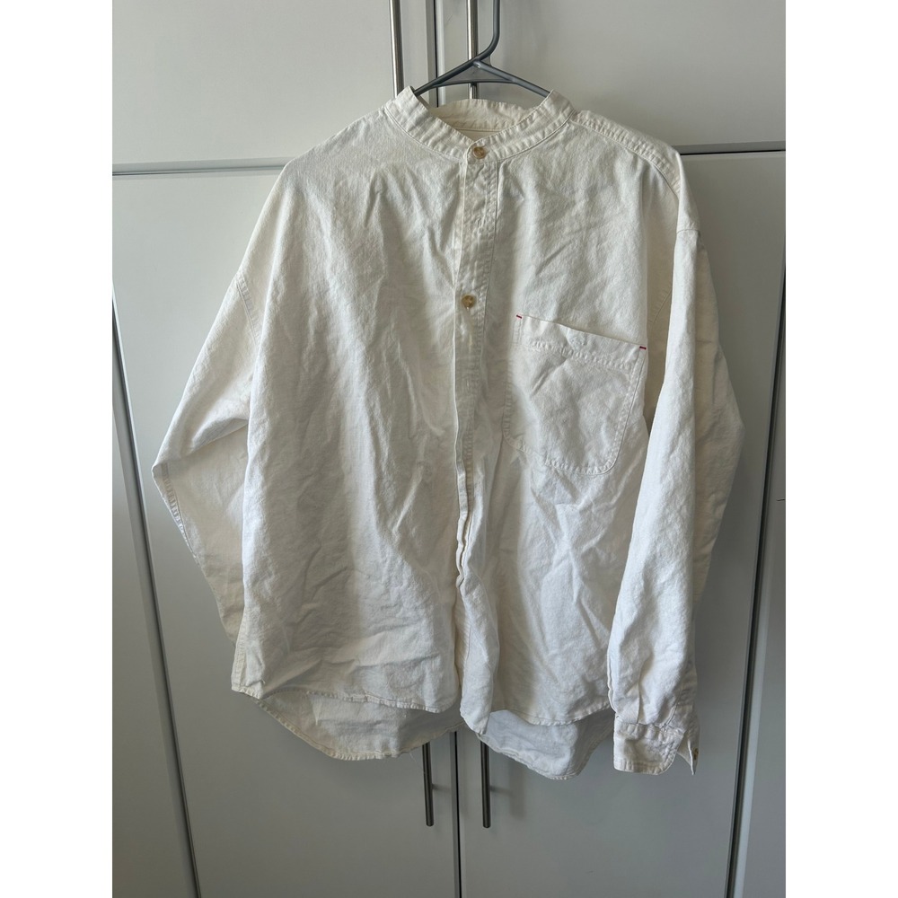On The Brink Mens XL Linen Cotton Blend Band Collar Button Down Shirt Off White